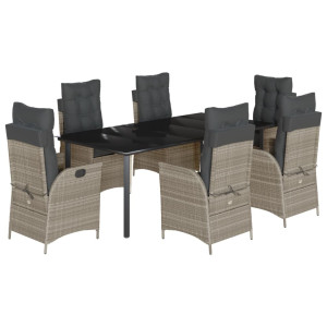 7 pcs conj. jantar p/ jardim c/ almofadões vime PE cinza-claro H