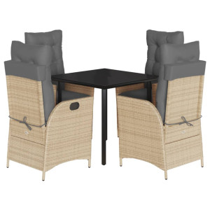 5 pcs conjunto de jantar p/ jardim com almofadões vime PE bege H