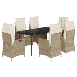 7 pcs conjunto de jantar p/ jardim com almofadões vime PE bege H