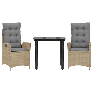 3 pcs conjunto de jantar p/ jardim com almofadões vime PE bege H