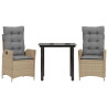 3 pcs conjunto de jantar p/ jardim com almofadões vime PE bege 2