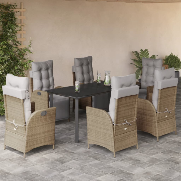 Set comedor de jardín 7 pzas con cojines ratán sintético beige D