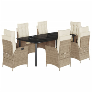 7 pcs conjunto de jantar p/ jardim com almofadões vime PE bege H