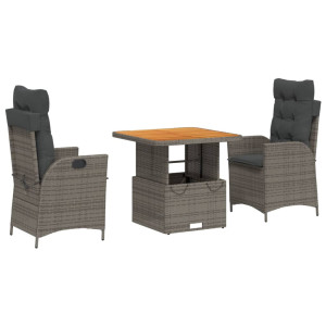3 pcs conjunto de jantar p/ jardim c/ almofadões vime PE cinza H