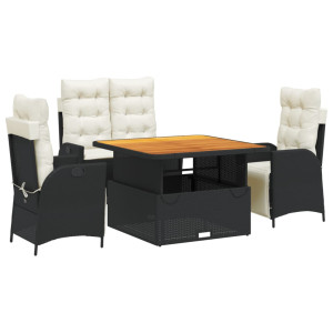 4 pcs conjunto de jardim p/ jardim c/ almofadões vime PE preto H