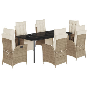 7 pcs conjunto de jantar p/ jardim com almofadões vime PE bege H