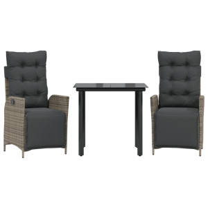 3 pcs conjunto de jantar p/ jardim c/ almofadões vime PE cinza H