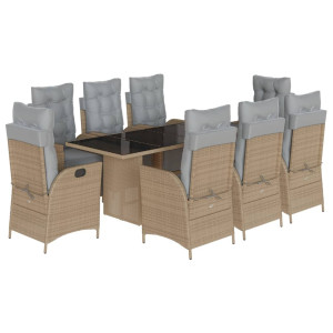 9 pcs conj. jantar jardim c/ almofadões vime PE bege misturado H