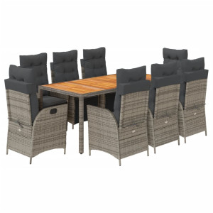 9 pcs conjunto de jantar p/ jardim c/ almofadões vime PE cinza H