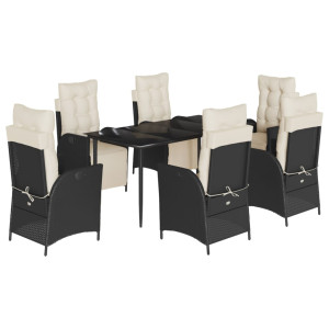 7 pcs conjunto de jantar p/ jardim c/ almofadões vime PE preto H