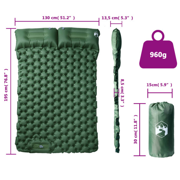 Colchón de camping autoinflable con almohadas 2 personas verde M 5