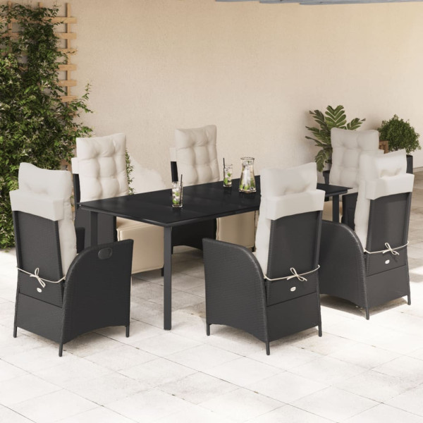 Set de comedor de jardín 7 pzas y cojines ratán sintético negro D