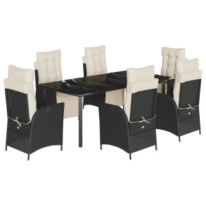 7 pcs conjunto de jantar p/ jardim c/ almofadões vime PE preto H