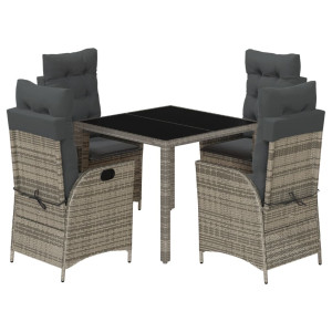 5 pcs conjunto de jantar p/ jardim c/ almofadões vime PE cinza H