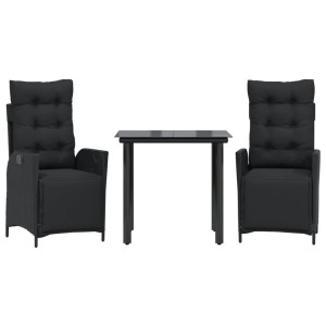3 pcs conjunto de jantar p/ jardim c/ almofadões vime PE preto H