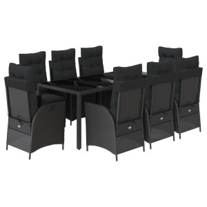 9 pcs conjunto de jantar p/ jardim c/ almofadões vime PE preto H