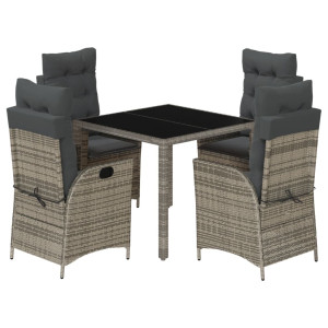 5 pcs conjunto de jantar p/ jardim c/ almofadões vime PE cinza H