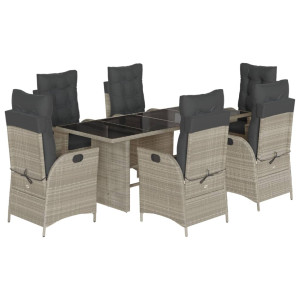 7 pcs conj. jantar p/ jardim c/ almofadões vime PE cinza-claro H