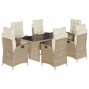 7 pcs conjunto de jantar p/ jardim com almofadões vime PE bege H
