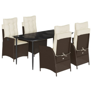 5 pcs conjunto jantar p/ jardim c/ almofadões vime PE castanho H
