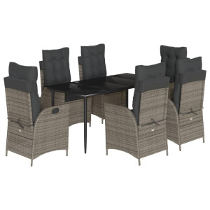 7 pcs conjunto de jantar p/ jardim c/ almofadões vime PE cinza H