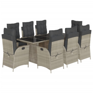 9 pcs conjunto de jantar p/ jardim c/ almofadões cinzento claro H