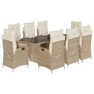 9 pcs conjunto de jantar p/ jardim com almofadões vime PE bege H