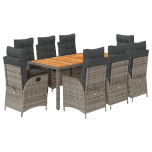 9 pcs conjunto de jantar p/ jardim c/ almofadões vime PE cinza H