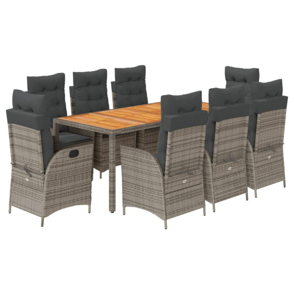 Set comedor jardín 9 pzas y cojines ratán sintético gris M 2
