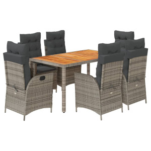 7 pcs conjunto de jantar p/ jardim c/ almofadões vime PE cinza H