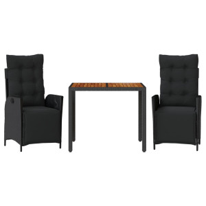 3 pcs conjunto de jantar p/ jardim c/ almofadões vime PE preto H