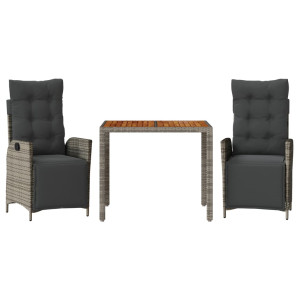 3 pcs conjunto de jantar p/ jardim c/ almofadões vime PE cinza H