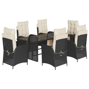 7 pcs conjunto de jantar p/ jardim c/ almofadões vime PE preto H