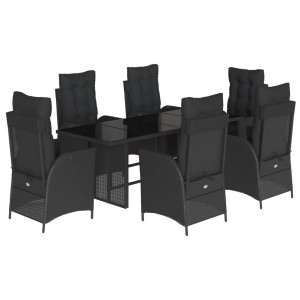 7 pcs conjunto de jantar p/ jardim c/ almofadões vime PE preto H