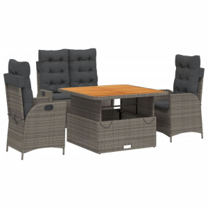 4 pcs conjunto de jantar p/ jardim c/ almofadões vime PE cinza H