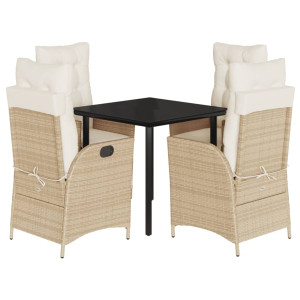 5 pcs conjunto de jantar p/ jardim com almofadões vime PE bege H