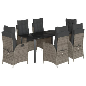 7 pcs conjunto de jantar p/ jardim c/ almofadões vime PE cinza H
