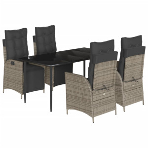 5 pcs conjunto de jantar p/ jardim c/ almofadões vime PE cinza H