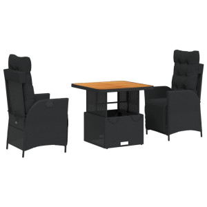 3 pcs conjunto de jantar p/ jardim c/ almofadões vime PE preto H