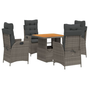 5 pcs conjunto de jantar p/ jardim c/ almofadões vime PE cinza H