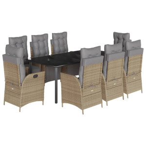 9 pcs conj. jantar jardim c/ almofadões vime PE bege misturado H