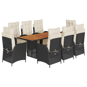 9 pcs conjunto de jantar p/ jardim c/ almofadões vime PE preto H