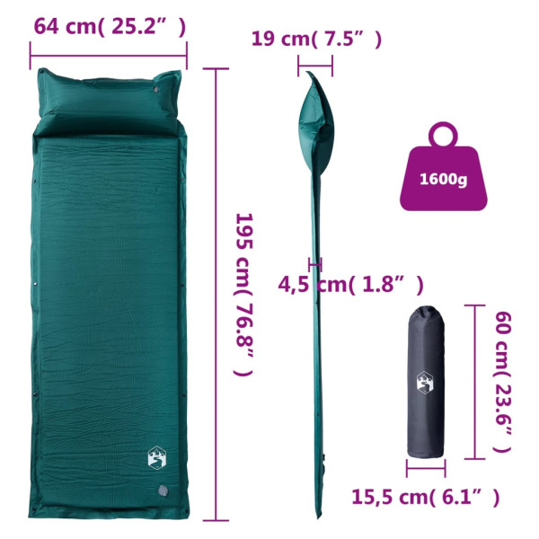 Colchón de camping autoinflable con almohada integrada verde M 5