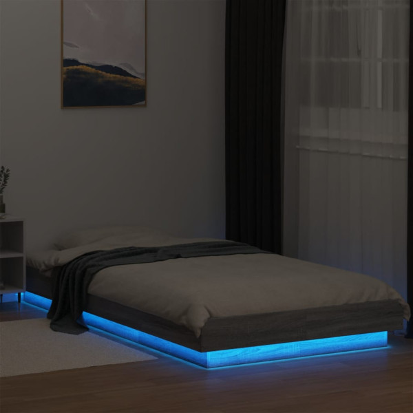 Estrutura cama c/ luzes LED derivados madeira cinzento sonoma M 3