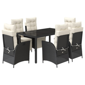 7 pcs conjunto de jantar p/ jardim c/ almofadões vime PE preto H