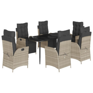 7 pcs conj. jantar p/ jardim c/ almofadões vime PE cinza-claro H