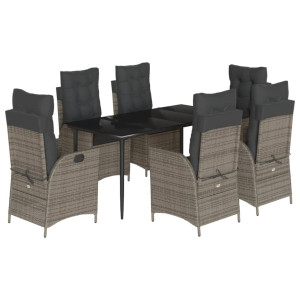 7 pcs conjunto de jantar p/ jardim c/ almofadões vime PE cinza H