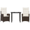 Set comedor de jardín 3 piezas y cojines ratán sintético marrón 2