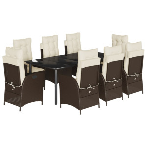 9 pcs conjunto jantar p/ jardim c/ almofadões vime PE castanho H