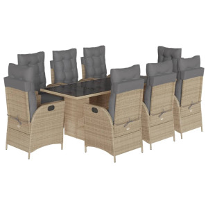 9 pcs conj. jantar jardim c/ almofadões vime PE bege misturado H